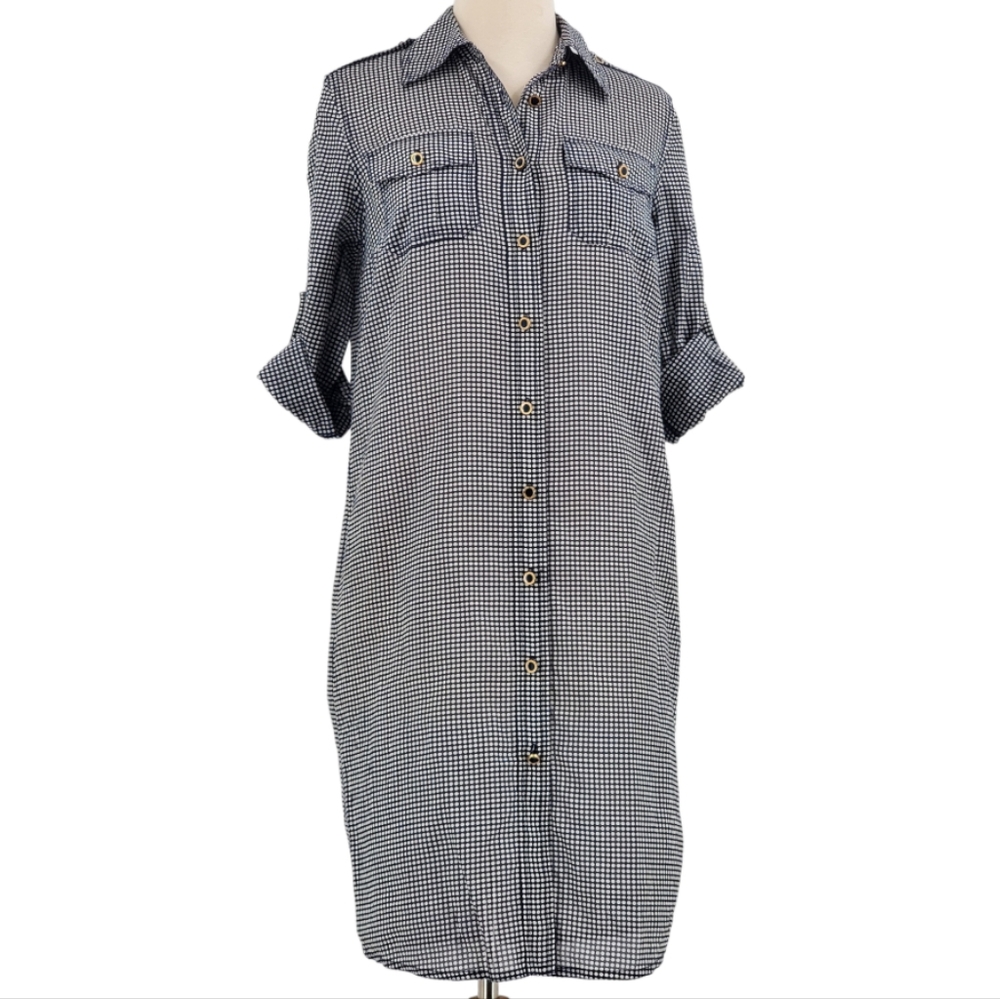Tory Burch Black and White Gingham Long Sleeve Shirt Dress